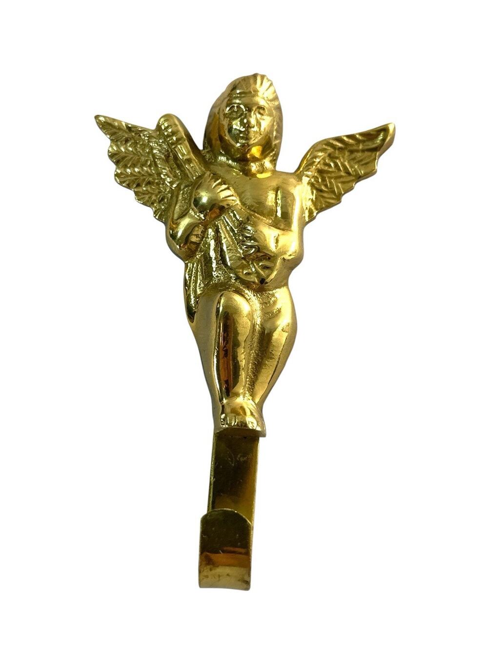 Vintage Solid Brass Angel Cherub Wall Hook Made in India 4” Gold Tone